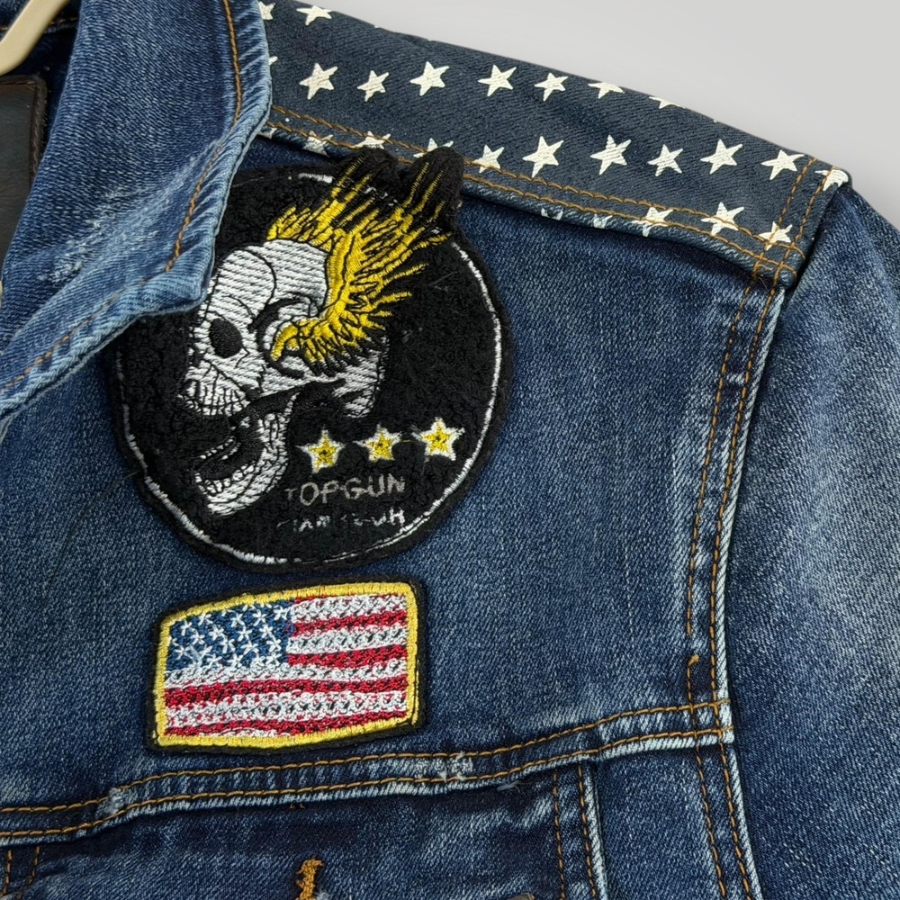 Denim Bomber Jacket with Embroidered Jaguar and Flag Patch - Picture 5 of 11